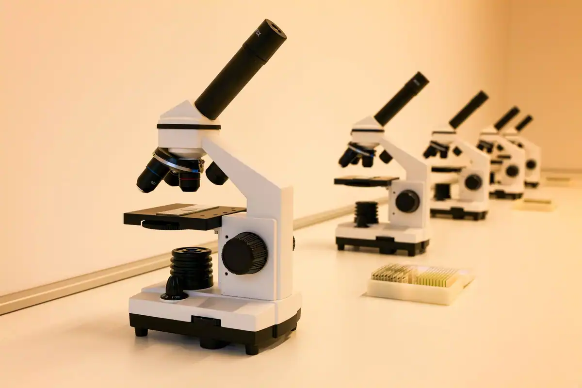 Șir de microscoape pe o masă de laborator