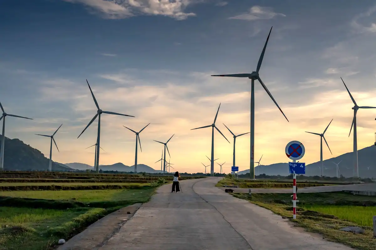 Turbine eoliene pe marginea unui drum la apus